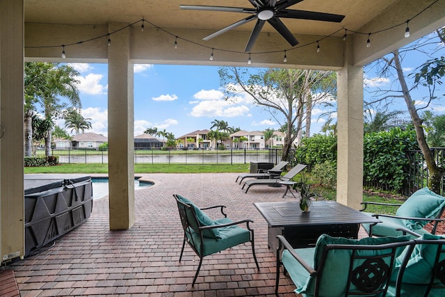 8207 Venosa Haven Ter, Boynton Beach, FL 33473 - view of patio / terrace featuring a fenced in pool, a fenced backyard, a residential view, a water view, and ceiling fan