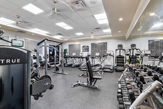 8207 Venosa Haven Ter, Boynton Beach, FL 33473 - gym with a tray ceiling, crown molding, visible vents, and a drop ceiling