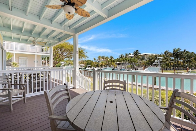 wooden terrace with outdoor dining area, ceiling fan, a water view, and an outdoor pool