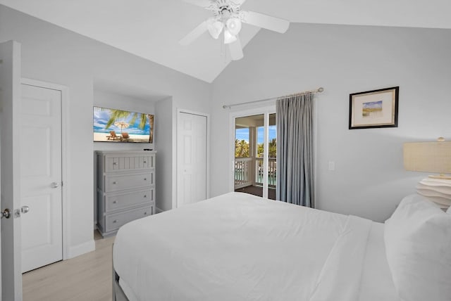 bedroom featuring light wood-style floors, a closet, ceiling fan, access to outside, and baseboards