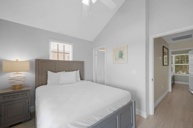 bedroom featuring light wood finished floors, visible vents, and multiple windows