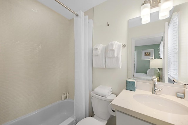 full bath featuring vanity, toilet, and shower / tub combo with curtain