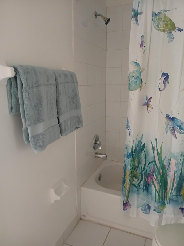 312 River Bluff Ln, Royal Palm Beach, FL 33411 - bathroom with shower / bathtub combination with curtain and tile patterned floors