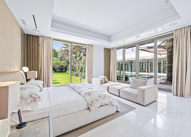 bedroom featuring a tray ceiling and access to outside