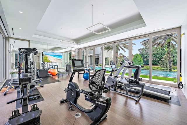 exercise room featuring french doors, a raised ceiling, wood finished floors, and floor to ceiling windows