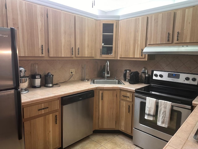 kitchen featuring appliances with stainless steel finishes, a sink, under cabinet range hood, and tasteful backsplash