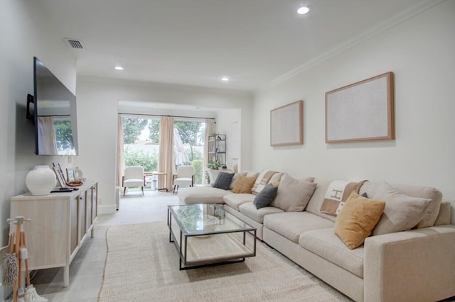 living room with recessed lighting, visible vents, baseboards, and ornamental molding