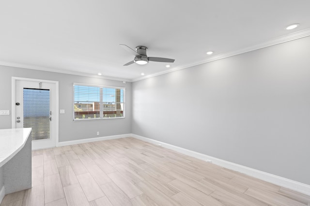unfurnished room featuring baseboards, recessed lighting, light wood-style flooring, crown molding, and ceiling fan