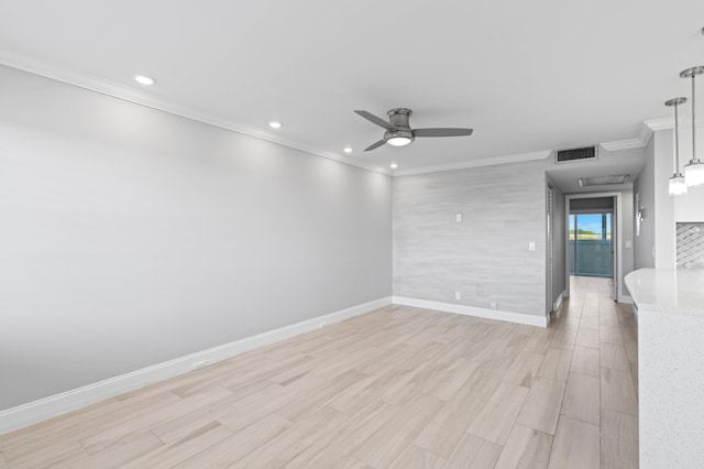 unfurnished room featuring ornamental molding, a ceiling fan, visible vents, recessed lighting, and light wood finished floors