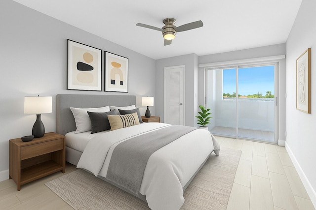 bedroom featuring baseboards, a ceiling fan, and access to exterior