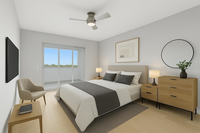 bedroom featuring a ceiling fan and access to exterior