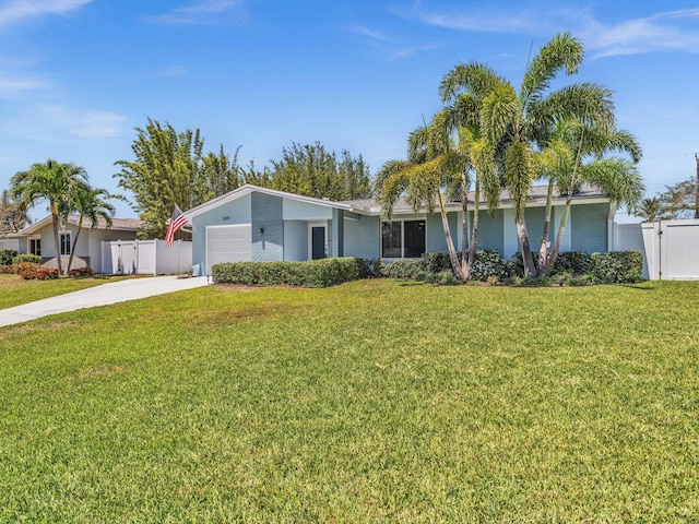 ranch-style home featuring a front lawn, driveway, fence, a garage, and brick siding