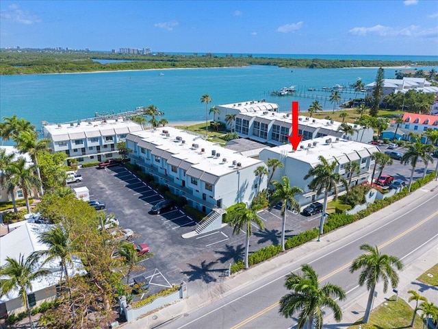 aerial view featuring a water view