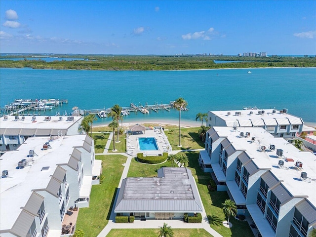 birds eye view of property featuring a water view