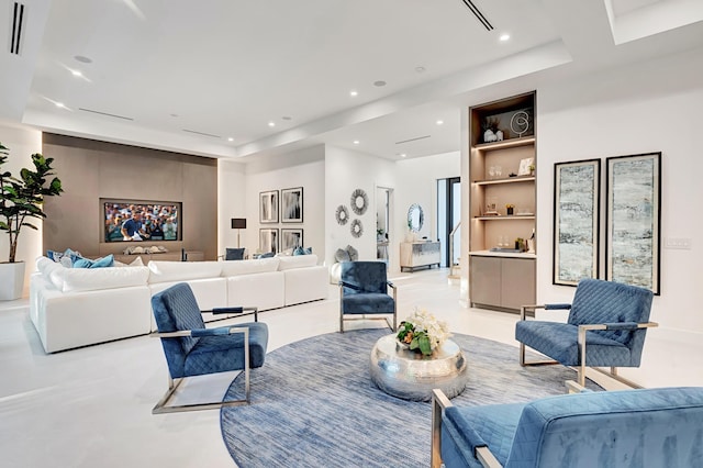 1133 NE 3rd Ave, Boca Raton, FL 33432 - living room with visible vents, recessed lighting, built in features, and a tray ceiling