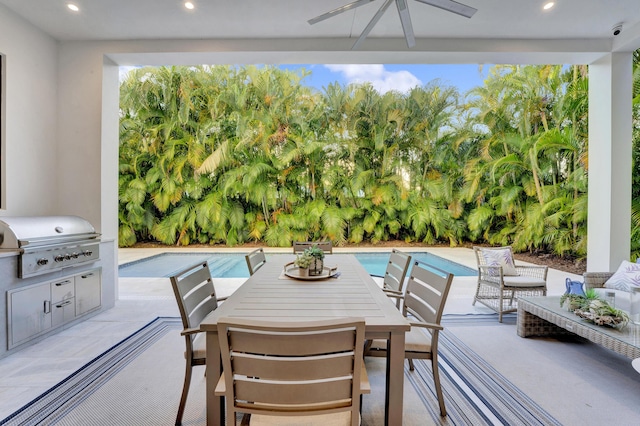 1133 NE 3rd Ave, Boca Raton, FL 33432 - view of patio with outdoor dining area, ceiling fan, an outdoor pool, an outdoor hangout area, and grilling area