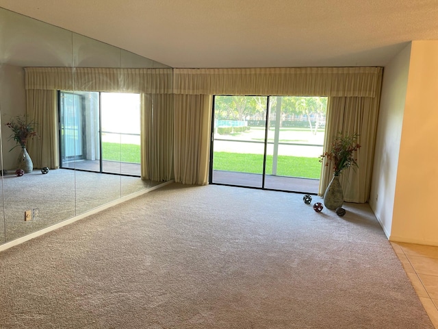 unfurnished room featuring plenty of natural light, light colored carpet, and lofted ceiling