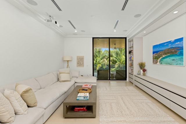 living room featuring visible vents, recessed lighting, a wall of windows, and a baseboard radiator