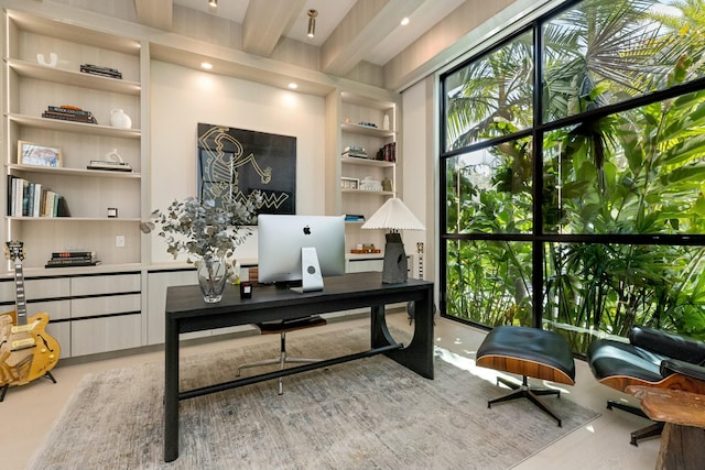 office space with recessed lighting, beamed ceiling, and built in shelves