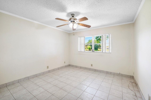 unfurnished room featuring a textured ceiling, a ceiling fan, and crown molding