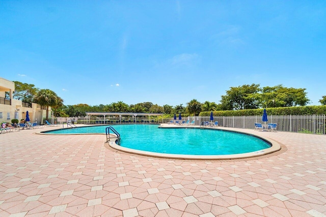 pool featuring a patio and fence