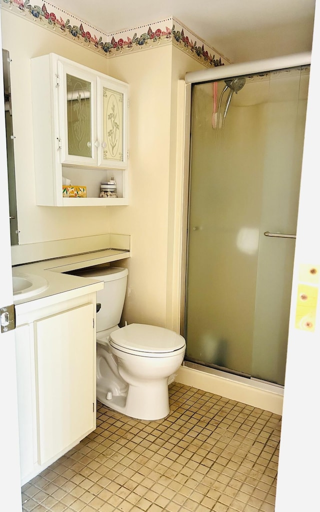 bathroom with toilet, vanity, and a stall shower