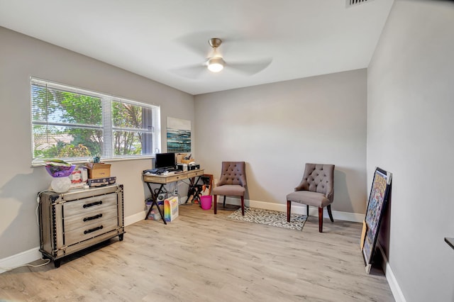 6122 Overland Pl, Delray Beach, FL 33484 - sitting room featuring wood finished floors, ceiling fan, baseboards, and visible vents