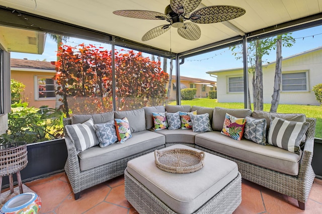 6122 Overland Pl, Delray Beach, FL 33484 - sunroom / solarium featuring a wealth of natural light, ceiling fan, and an outdoor living space
