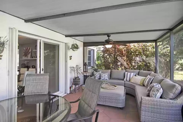 6122 Overland Pl, Delray Beach, FL 33484 - sunroom / solarium with an outdoor hangout area, a ceiling fan, and beam ceiling