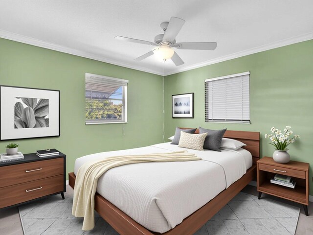 bedroom with light tile patterned flooring, a ceiling fan, and ornamental molding