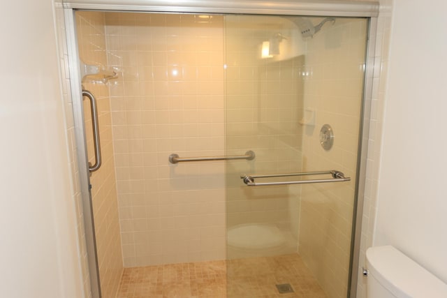bathroom featuring toilet and a stall shower