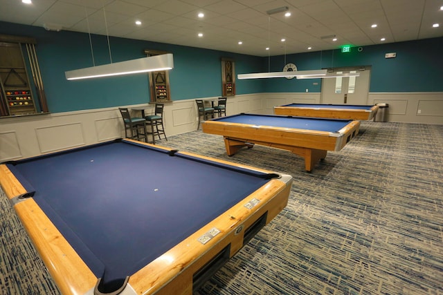 playroom with wainscoting, pool table, carpet, and a decorative wall