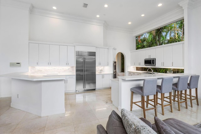 kitchen with stainless steel appliances, a peninsula, arched walkways, tasteful backsplash, and a high ceiling