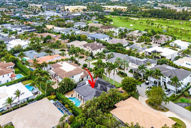 birds eye view of property featuring a residential view and golf course view