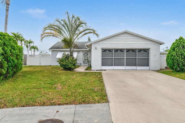 ranch-style home with fence, brick siding, concrete driveway, a garage, and a front lawn
