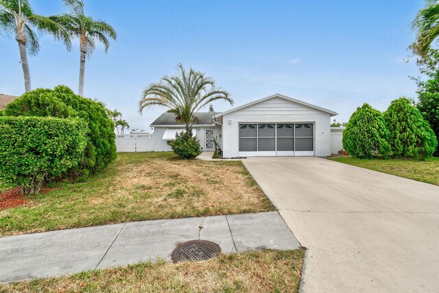 view of front facade with a front yard, driveway, fence, and a garage