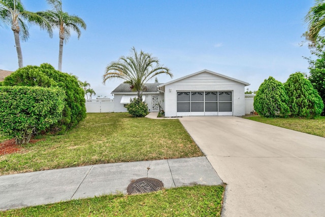 view of front facade with driveway, a garage, fence, and a front yard
