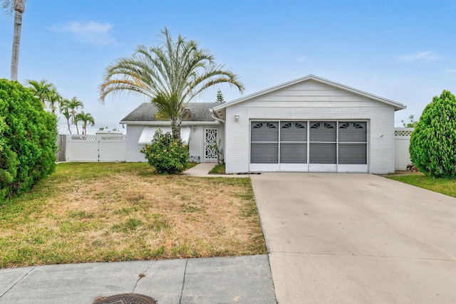 ranch-style home featuring concrete driveway, brick siding, a front lawn, and fence