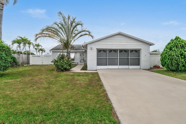 view of front facade featuring concrete driveway, fence, a front yard, and an attached garage