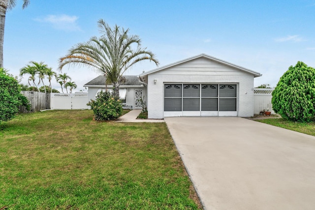 view of front of home with concrete driveway, an attached garage, a front lawn, and fence