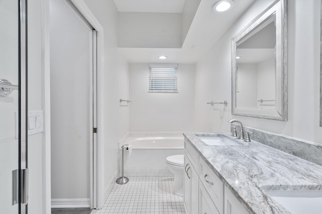 bathroom with double vanity, recessed lighting, toilet, a bath, and a sink