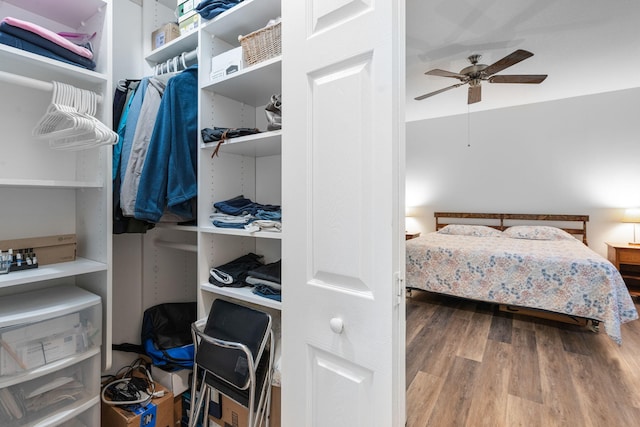 bedroom with wood finished floors and ceiling fan