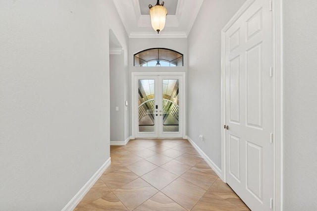 9600 Equus Cir, Boynton Beach, FL 33472 - entryway with french doors, baseboards, crown molding, and light tile patterned floors