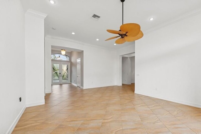 9600 Equus Cir, Boynton Beach, FL 33472 - empty room with crown molding, a ceiling fan, recessed lighting, french doors, and baseboards