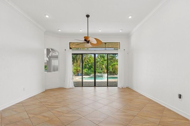 9600 Equus Cir, Boynton Beach, FL 33472 - empty room featuring crown molding, ceiling fan, light tile patterned flooring, baseboards, and recessed lighting
