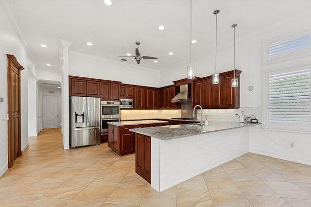 9600 Equus Cir, Boynton Beach, FL 33472 - kitchen with stainless steel appliances, wall chimney exhaust hood, a peninsula, decorative backsplash, and a ceiling fan
