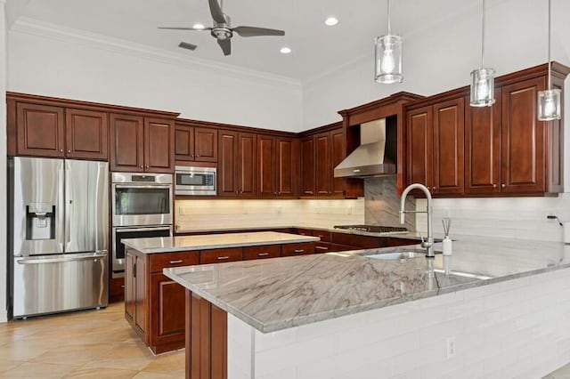 9600 Equus Cir, Boynton Beach, FL 33472 - kitchen with stainless steel appliances, wall chimney range hood, a sink, ceiling fan, and a peninsula