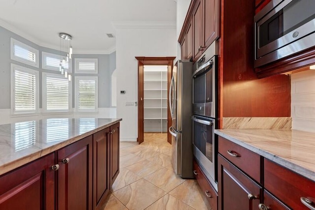 9600 Equus Cir, Boynton Beach, FL 33472 - kitchen featuring stainless steel appliances, ornamental molding, light stone countertops, reddish brown cabinets, and decorative backsplash