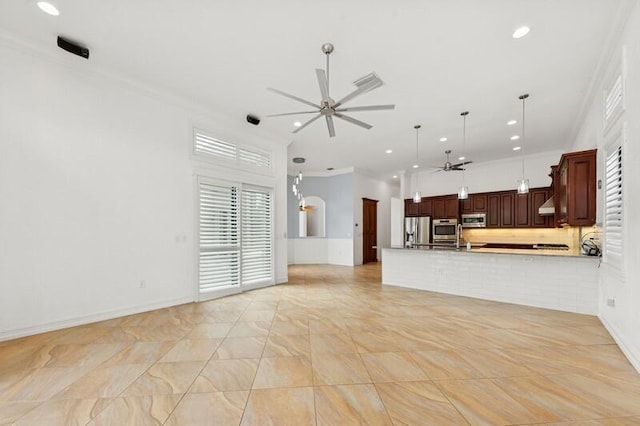 9600 Equus Cir, Boynton Beach, FL 33472 - unfurnished living room with a ceiling fan, recessed lighting, ornamental molding, and baseboards