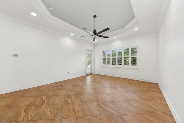 9600 Equus Cir, Boynton Beach, FL 33472 - empty room featuring crown molding, ceiling fan, recessed lighting, a raised ceiling, and baseboards